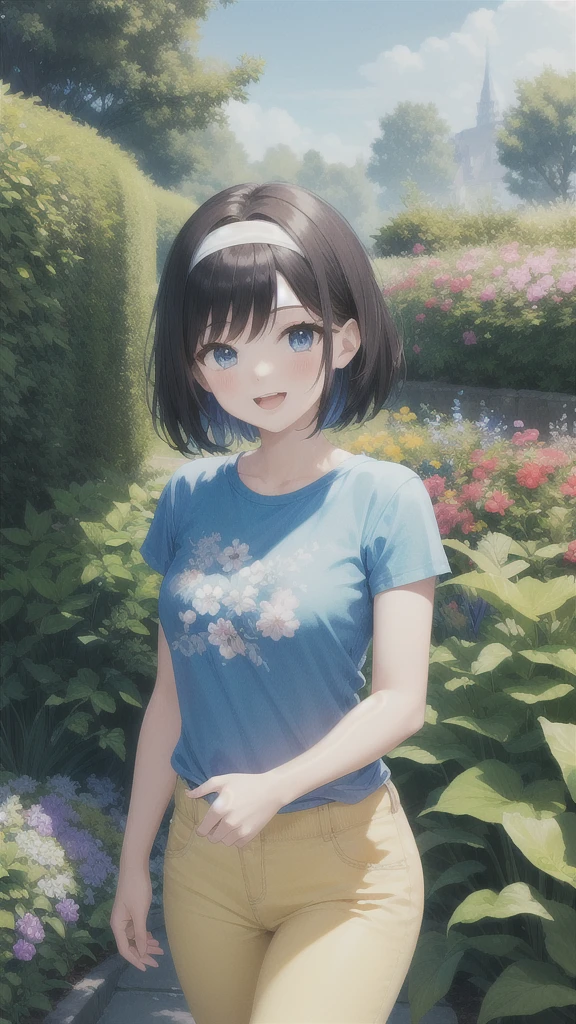 1girl, black hair, blue eyes, pale skin, powder blue t shirt, puffy short slevees, yellow pants, short hair, smiling, floral print, open mouth, garden, outdoors, head band, standing, Masterpece, looking at the viewers,  cowboy shot, ,looking at veiewers, 4K, 8K, UHD, ultra-detailed, HDR, High quality, Best Quality, ((best quality)),