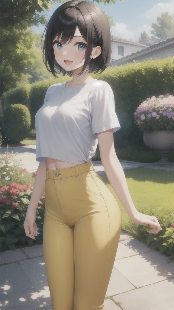 1girl, black hair, blue eyes, pale skin, powder blue t shirt, puffy short slevees, yellow pants, short hair, smiling, floral print, open mouth, garden, outdoors, head band, standing, Masterpece, looking at the viewers,  cowboy shot, ,looking at veiewers, 4K, 8K, UHD, ultra-detailed, HDR, High quality, Best Quality, ((best quality)),