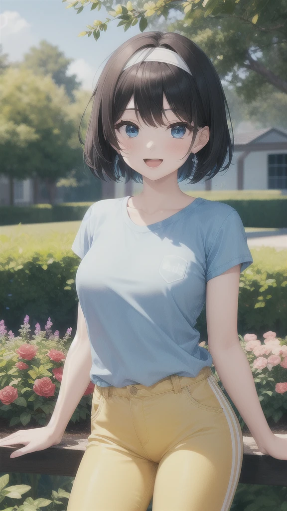 1girl, black hair, blue eyes, pale skin, powder blue t shirt, puffy short slevees, yellow pants, short hair, smiling, floral print, open mouth, garden, outdoors, head band, standing, Masterpece, looking at the viewers,  cowboy shot, ,looking at veiewers, 4K, 8K, UHD, ultra-detailed, HDR, High quality, Best Quality, ((best quality)),