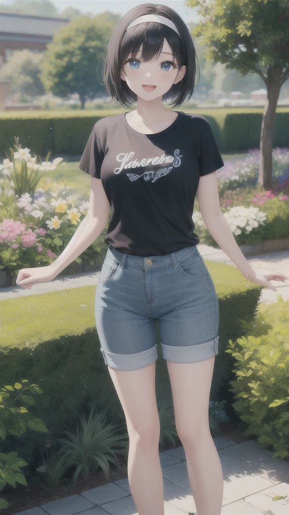 1girl, black hair, blue eyes, pale skin, powder blue t shirt, puffy short slevees, yellow pants, short hair, smiling, floral print, open mouth, garden, outdoors, head band, standing, Masterpece, looking at the viewers,  cowboy shot, ,looking at veiewers, 4K, 8K, UHD, ultra-detailed, HDR, High quality, Best Quality, ((best quality)),