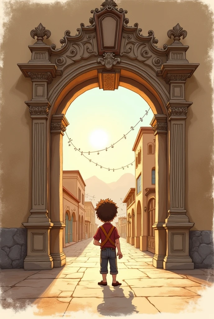 A very simple drawing of a orphan boy with curly hair standing in front of the entrance to a ranch named San Benito, that from the entrance you can see a bit of the town and that the entrance arch is more beautiful