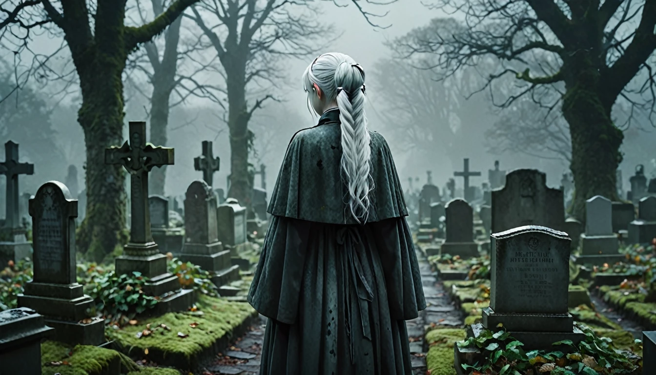  Frieren stands in an old, overgrown cemetery, her back to the camera, with her head bowed as she gazes solemnly at two graves in front of her. Her white hair, styled in twintails, falls softly down her back, slightly tousled by a gentle breeze. She is wearing a worn cloak, and the texture of her clothing, along with her skin, appears lifelike and natural, capturing the subtle details of reality. The graves are weathered and partially covered with moss, with cracked headstones showing the wear of time. The environment around her is dark, misty, and melancholic, with dead leaves scattered across the ground, and the tombstones and stone pathways covered in dirt and age. The lighting is moody and atmospheric, highlighting the emotional weight of the moment, making Frieren and the cemetery feel hyper-realistic, as though captured in a high-definition photograph.