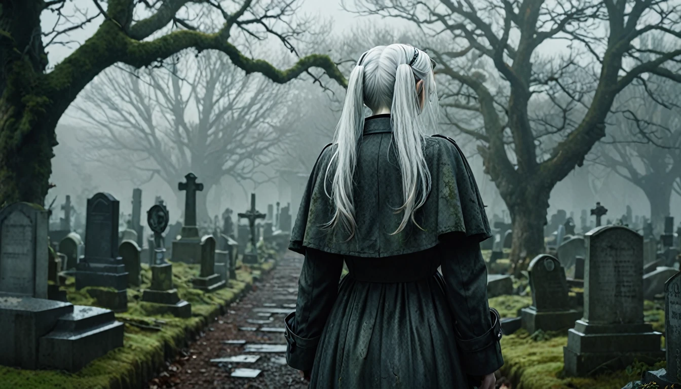  Frieren stands in an old, overgrown cemetery, her back to the camera, with her head bowed as she gazes solemnly at two graves in front of her. Her white hair, styled in twintails, falls softly down her back, slightly tousled by a gentle breeze. She is wearing a worn cloak, and the texture of her clothing, along with her skin, appears lifelike and natural, capturing the subtle details of reality. The graves are weathered and partially covered with moss, with cracked headstones showing the wear of time. The environment around her is dark, misty, and melancholic, with dead leaves scattered across the ground, and the tombstones and stone pathways covered in dirt and age. The lighting is moody and atmospheric, highlighting the emotional weight of the moment, making Frieren and the cemetery feel hyper-realistic, as though captured in a high-definition photograph.