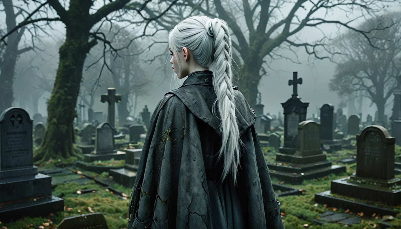  Frieren stands in an old, overgrown cemetery, her back to the camera, with her head bowed as she gazes solemnly at two graves in front of her. Her white hair, styled in twintails, falls softly down her back, slightly tousled by a gentle breeze. She is wearing a worn cloak, and the texture of her clothing, along with her skin, appears lifelike and natural, capturing the subtle details of reality. The graves are weathered and partially covered with moss, with cracked headstones showing the wear of time. The environment around her is dark, misty, and melancholic, with dead leaves scattered across the ground, and the tombstones and stone pathways covered in dirt and age. The lighting is moody and atmospheric, highlighting the emotional weight of the moment, making Frieren and the cemetery feel hyper-realistic, as though captured in a high-definition photograph.