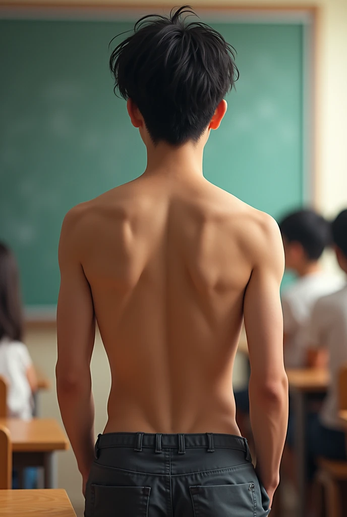 1boy、Photo Quality、Cute handsome man、Mash Hair、Japanese male, 、Completely naked、Full nudity、erection、Huge penis、Highest quality、Realistic、beautiful、In the classroom、Back view of a student standing in front of others