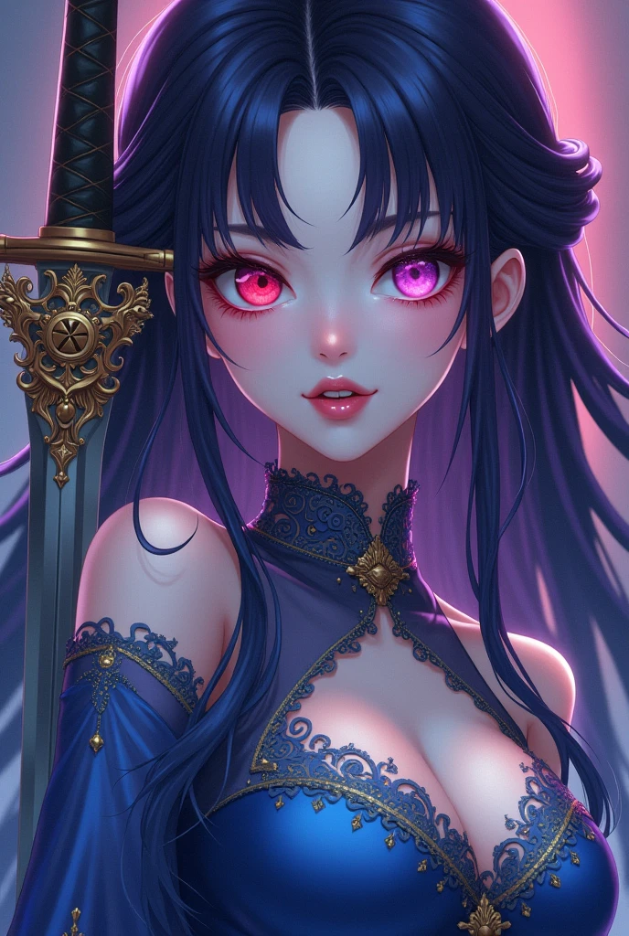 a beautiful woman, with Dark purple hair, pale, an eye with red color, and the other with the pink color, fangs, a blue dress from ancient times, with a sword in hand, アニメ