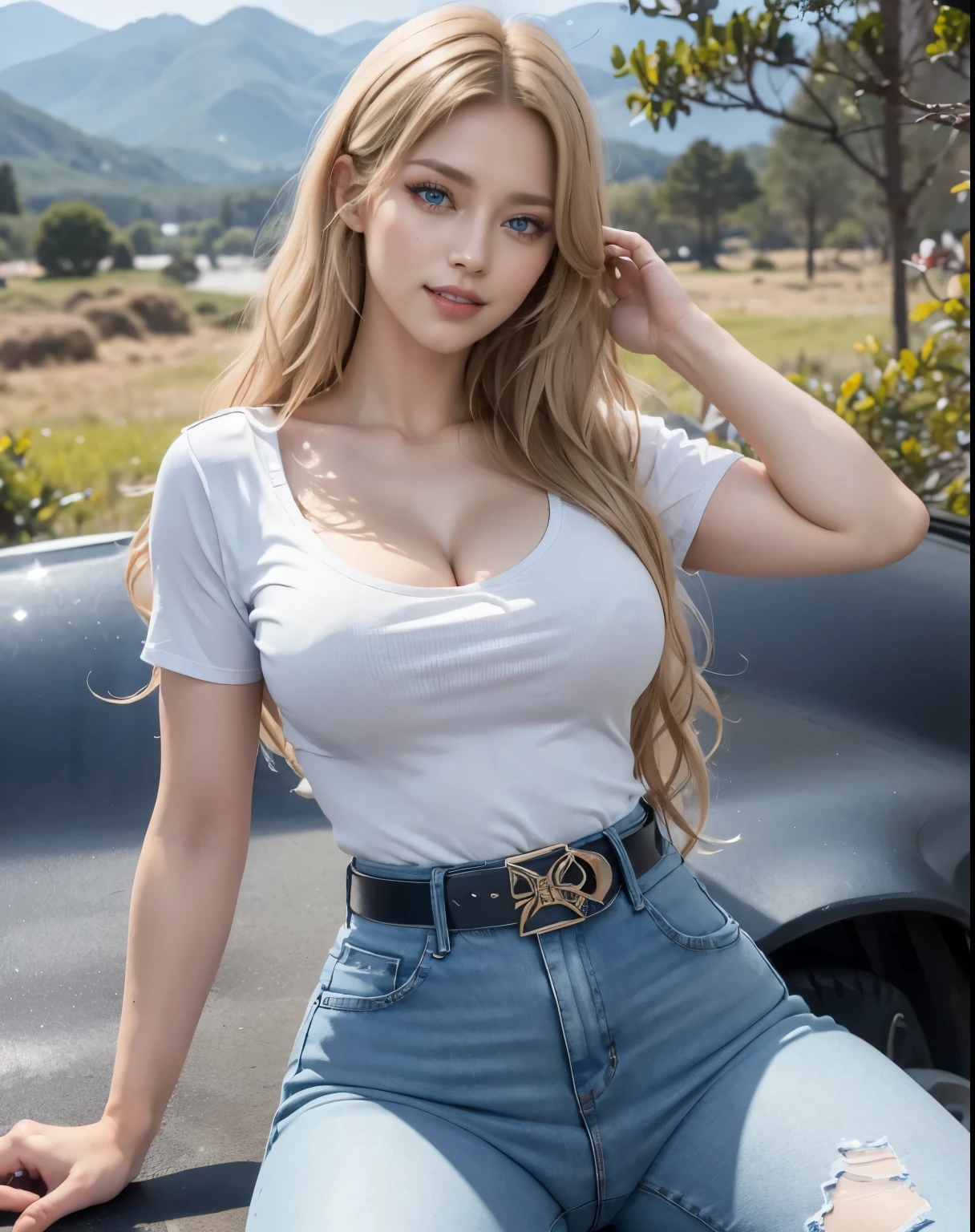 1girl, (Blue Eyes), (smiling :1.1), (beautiful makeup :1.1), (big tits :1.1), (big ass), thin waist, thick thighs, toned legs, muscle, (Best Quality, 8k, Masterpiece), Clear Focus, Perfect Body Beauty, strong abs, Highly detailed face and skin texture, detailed eyes, double eyelids, (blonde long wavy hair :1.2), tight t-shirt, cleavage, (jeans whit belt :1.2), sitting on a car, on a deserted road, mountains in the background