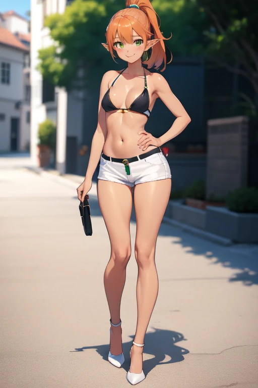 (High definition) (masterpiece), (tanned skin), Young elf girl, wide hips, small breasts, slender body, big thighs, beautiful legs, medium orange hair, green eyes, wearing black bikini top, white jeans shorts, with ponytail, cute pose, shy smile, full body in frame