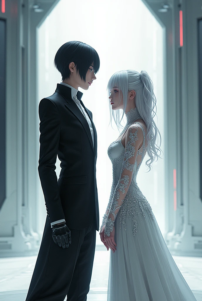 Sanakan and Cibo from Blame! Manga in a wedding dress), (sci-fi theme) suit black hair, dress striking silver hair, Futuristic atmosphere Emphasizes radiance pure atmosphere Intricate details of the outfit A soft but bright light shines from above. Intimate and romantic atmosphere Highly detailed, exceptionally detailed, cinematic quality, emotionally charged scenes.