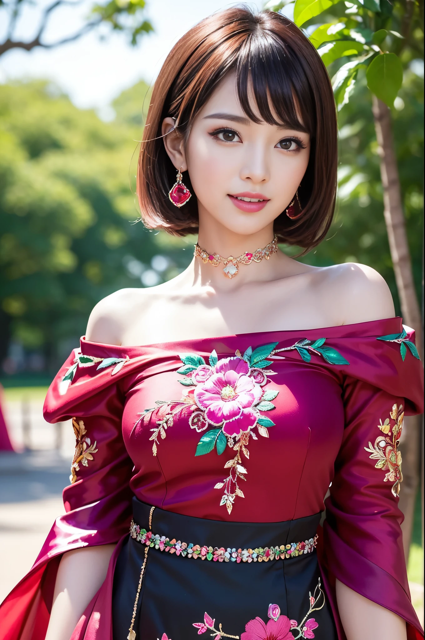 (masterpiece:1.4), (best quality:1.4), ultra high res, ultra high resolution, ((detailed facial features)), HDR, (realistic, photorealistic, photo-realistic:1.37), full body Esbian, sexy Vietnamese model, (-anime), vivid colors, ((vivid colors multicolor (red, fuchsia) very short hair)), (happy smile), lip-gloss, long lashes, ultra detailed metallic makeup, defined eyebrows, wearing large sparkling colorful jewelery, wearing a red silk Paradise Kiss cosplay dress with black floral embroidery, ((vivid colors outfit)), vivid colors, look at the camera, cinematic light, large park background with trees, sweet and sexy pose