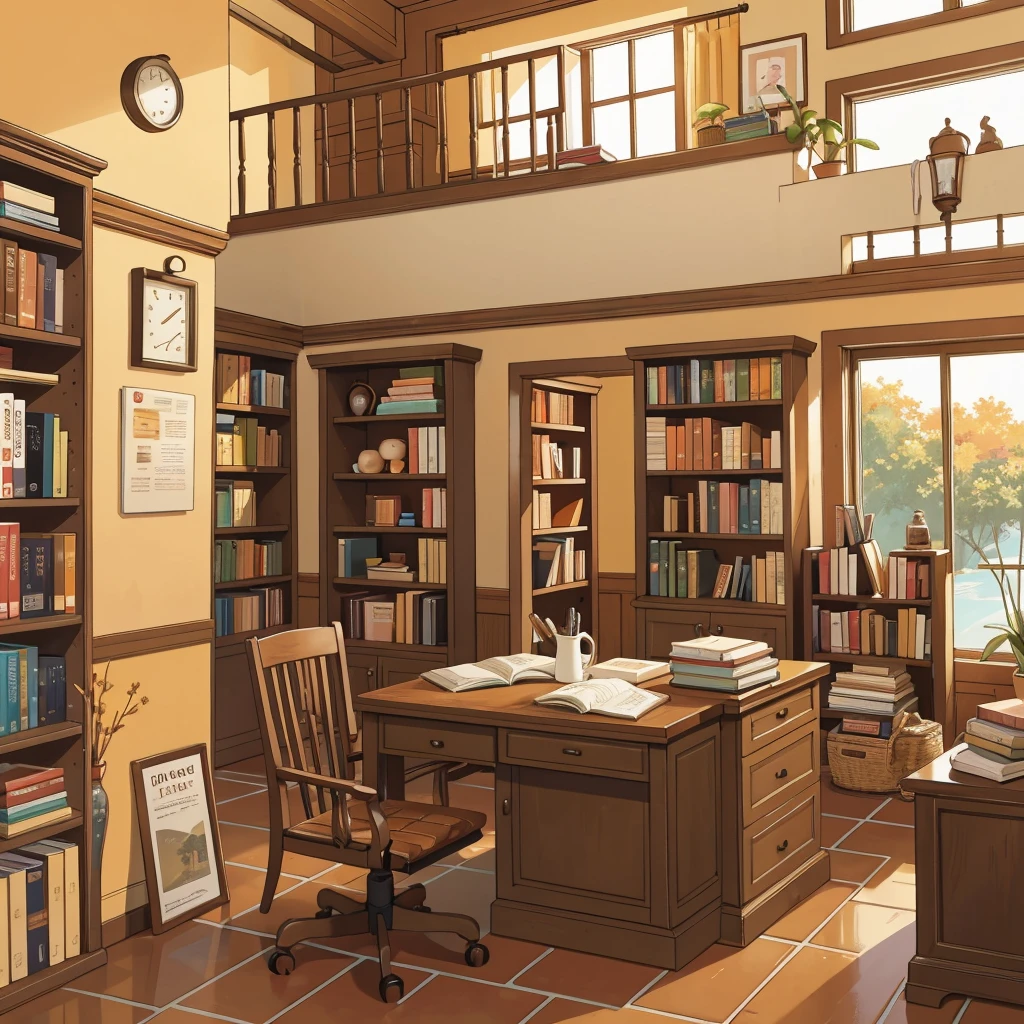 Library, desk on the left side, comfortable table chairs sit beside racks of bookshelves stocked with various sized books and scrolls, some shorter book shelves on the right side, a seating area off to the right side, windows, tile floor, signage with pictures, labels, comfortable, brown and bright orange aesthetic