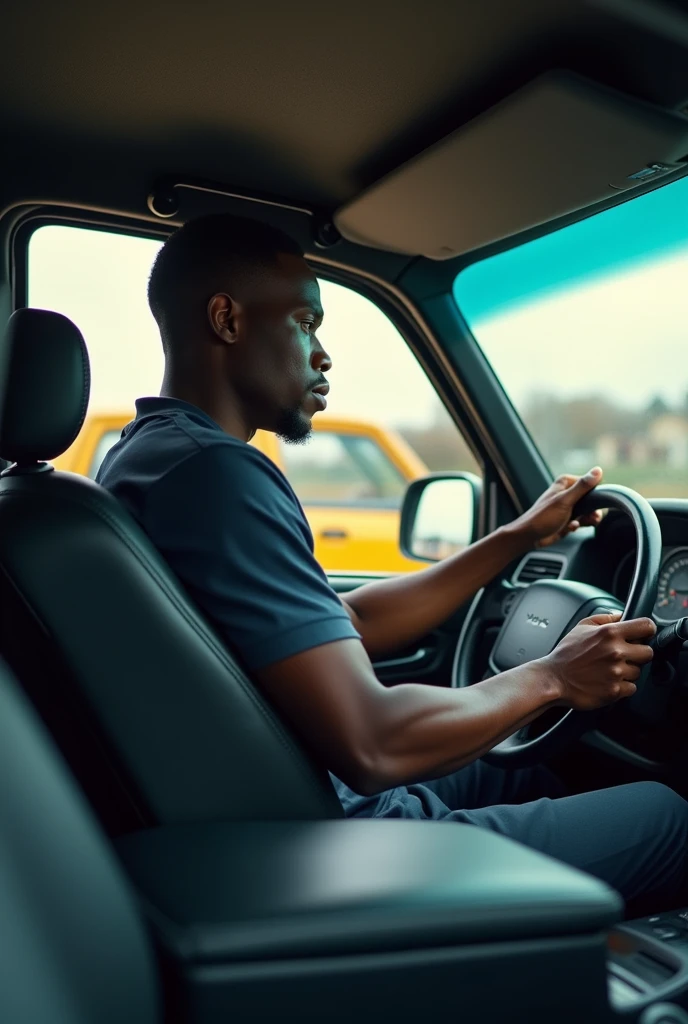 Wide view of black man with short hair, in front of the steering wheel of the car and looking to the side, with a passenger in the back seat
