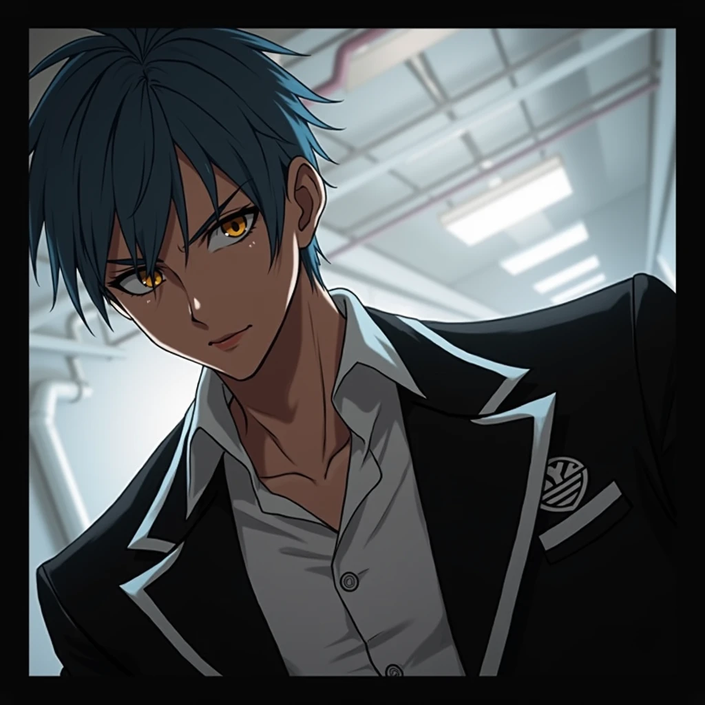 Anime boy, cyberpunk, in the room, from head to waist , boy, logo, blue hair, Light brown eyes