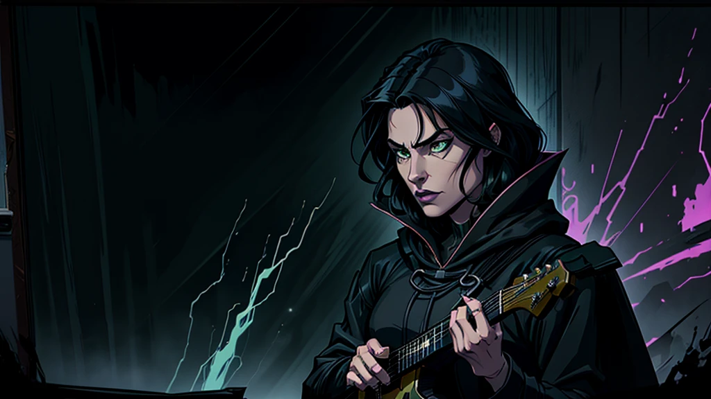 a dark anime character in a black cloak and dark clothes playing a bright green electric guitar in a dark room, colorful posters and items on the walls, detailed face and features, dramatic lighting, cinematic composition, digital art
