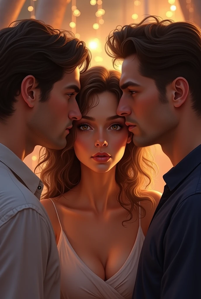 Une femme au centre, hésitante, entre deux hommes qui l'observent avec amour. Lumière douce, soirée romantique, ambiance indécise. Style réaliste