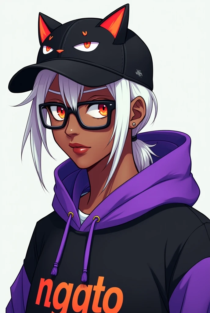 young man, Black skin tone, dark red eyes, wears prescription glasses, White hair, hair tied with ponytail, 2 strands of hair in the front, wears an all black cap with a cat face, wears a closed hood with two different colors, black on one side and purple on the other, with an orange name written: NGGTO