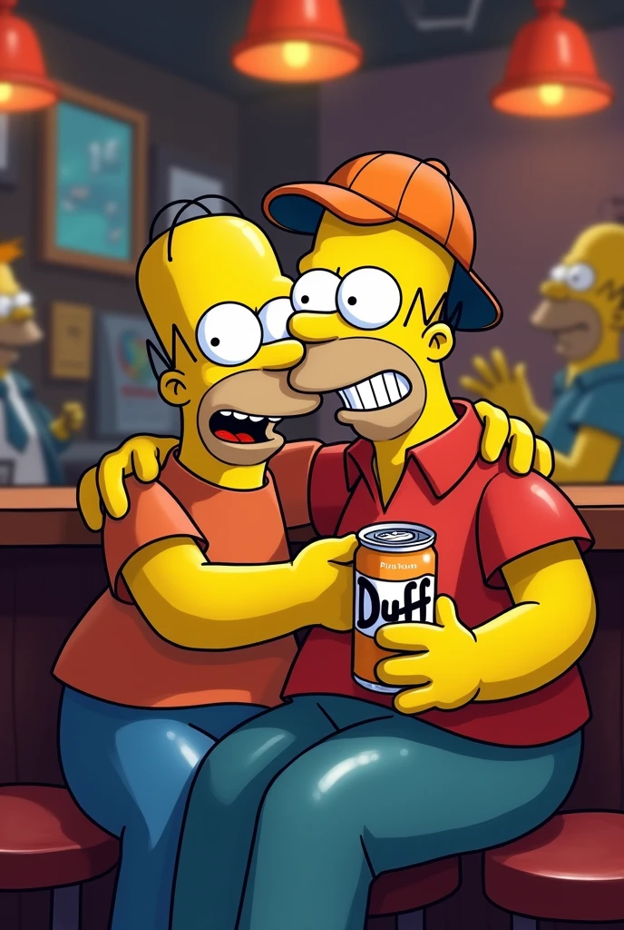 Homer Simpson sitting in Moe Szyslak&#39;s cantina talking to his friend Lenny hugging each other with Duff in his hand, a watch and his cap backwards 