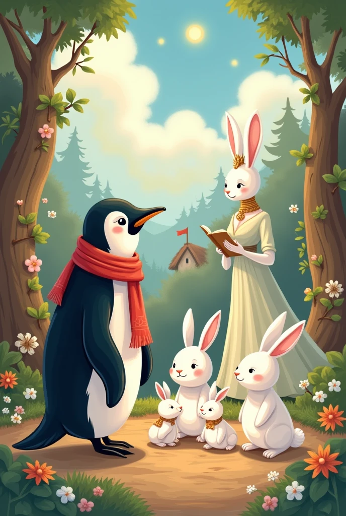 Create illustration of A penguin wearing red scarf telling stories to 3 white tiny rabbits in the village. A white Fluffy tall female bunny in a gown and with a crown on head watching the penguin and little rabbits in the background, Faiytale atmosphere. Vector illustration.
