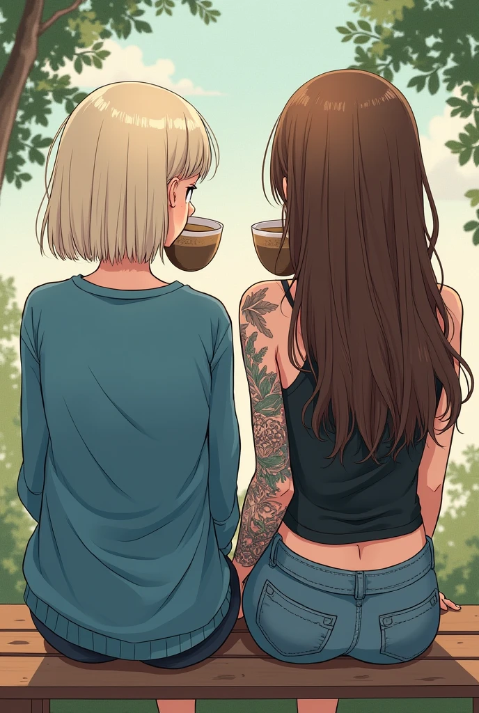 Un dessin de type manga de deux filles assises l'une à côté de l'autre de dos qui boivent un café dans la nature. We only see their backs. The first girl has platinum blonde hair with a very straight bob cut that stops at the shoulders and a blue sweater.. The second one has very very long brown wavy hair down to her butt and a black tank top.. She has her entire right arm tattooed. Toutes les deux sont de dos et regardent devant elles avec leur café. 