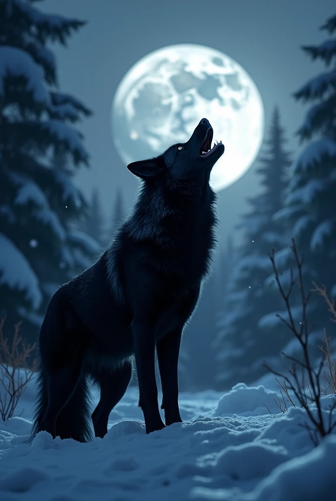 A lone black wolf howling at the moon in a snowy forest at night, the cold air visible in its breath, with the moonlight illuminating the snow-covered trees and ground, captured with a Nikon Z9, f/4, ISO 1600, background of a wintery pine forest.