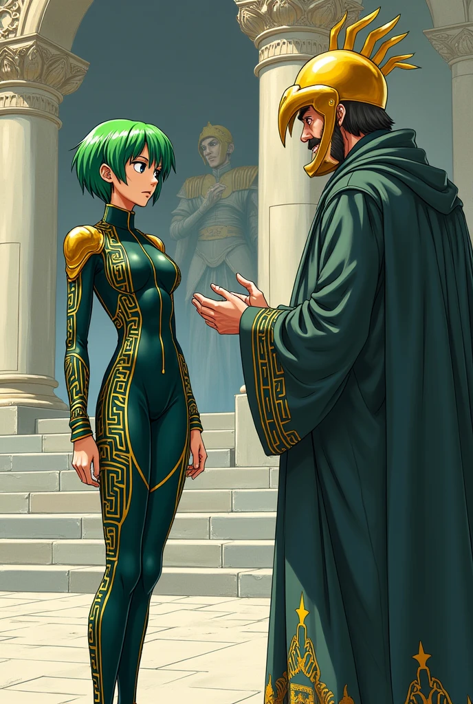 Saint Seiya Drawing Style, green haired character in greek tracksuit, next to the great master teaching him in Greek clothing and a golden helmet in the background of the sanctuary