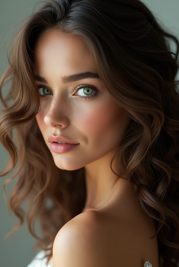 (photorealism:1.2), beautiful woman, green eyes, long curly hair, brown hair en string à quatre pattes, vue de dos 