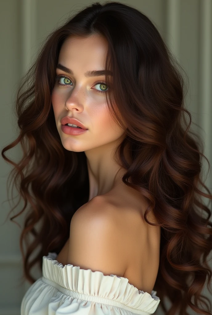 (photorealism:1.2), beautiful woman, green eyes, long curly hair, brown hair en string à quatre pattes, vue de dos