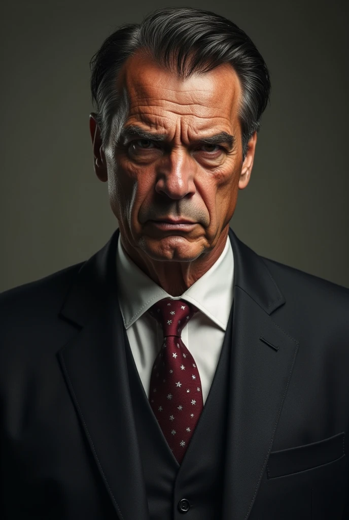 Draw a serious-looking man with a traditional, conservative demeanor. He has a stern expression and exudes an air of authority. He holds traditional beliefs and displays a machismo attitude, believing he has the right to dominate and control women. His appearance and demeanor suggest that he would support conservative political figures, such as Bolsonaro.