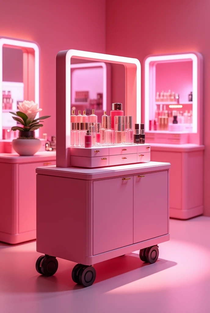 Create a makeup display that is rectangular in shape, modern style and that it is rolling with carriage wheels, all in pink colors and where the makeup can be fully appreciated 