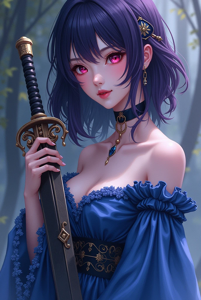 a beautiful woman, with Dark purple hair, pale, an eye with red color, and the other with the pink color, fangs, a blue dress from ancient times, with a sword in hand, アニメ