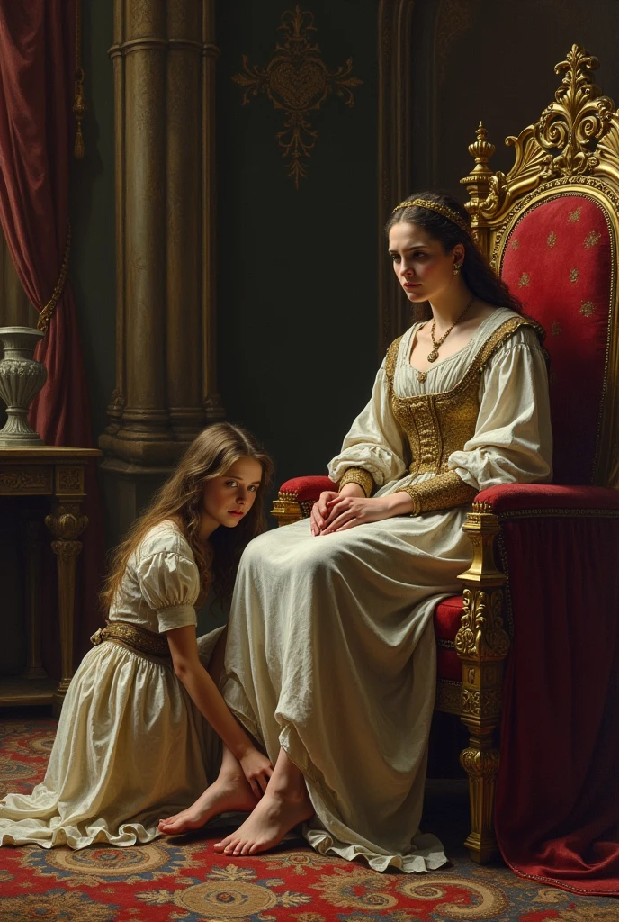 A female slave in the Middle Ages licks the feet of her mistress
