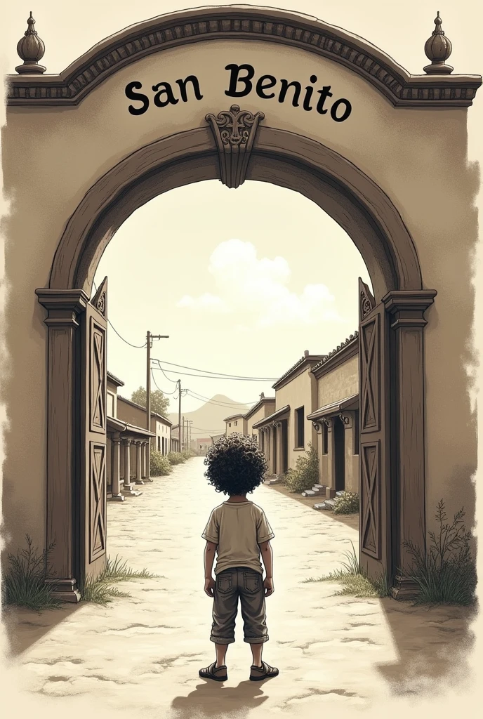 A very simple drawing of a orphan boy with curly hair standing in front of the entrance to a ranch named San Benito, that from the entrance you can see a bit of the town and that the entrance arch is prettier and has the name of the ranch