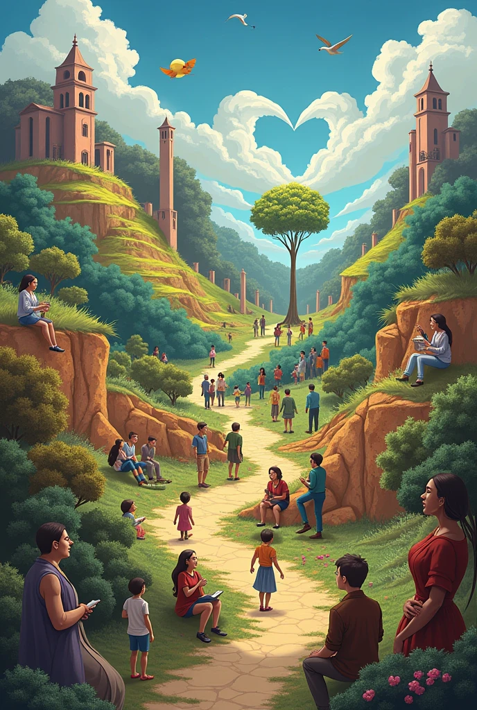 a landscape with different areas, each representing an emotion or ability, like happiness, sadness, empathy or self-awareness. In every area, You might see people with expressions and poses that reflect those emotions or abilities..North of the park, There is a vibrant and colorful area that represents happiness. People here smile and laugh, and are seen participating in fun activities such as dancing or playing games.
To on, hay un área más sombría que representa sadness. The people here have melancholic expressions and are seen sitting on benches., reflecting or writing in journals.
Al is, There is an area with a large tree that represents wisdom.. People here have thoughtful expressions and are seen reading books or discussing ideas..
To the west, There is an area with a big heart that represents empathy. People here have compassionate expressions and are seen hugging or listening to others.. in an animated way