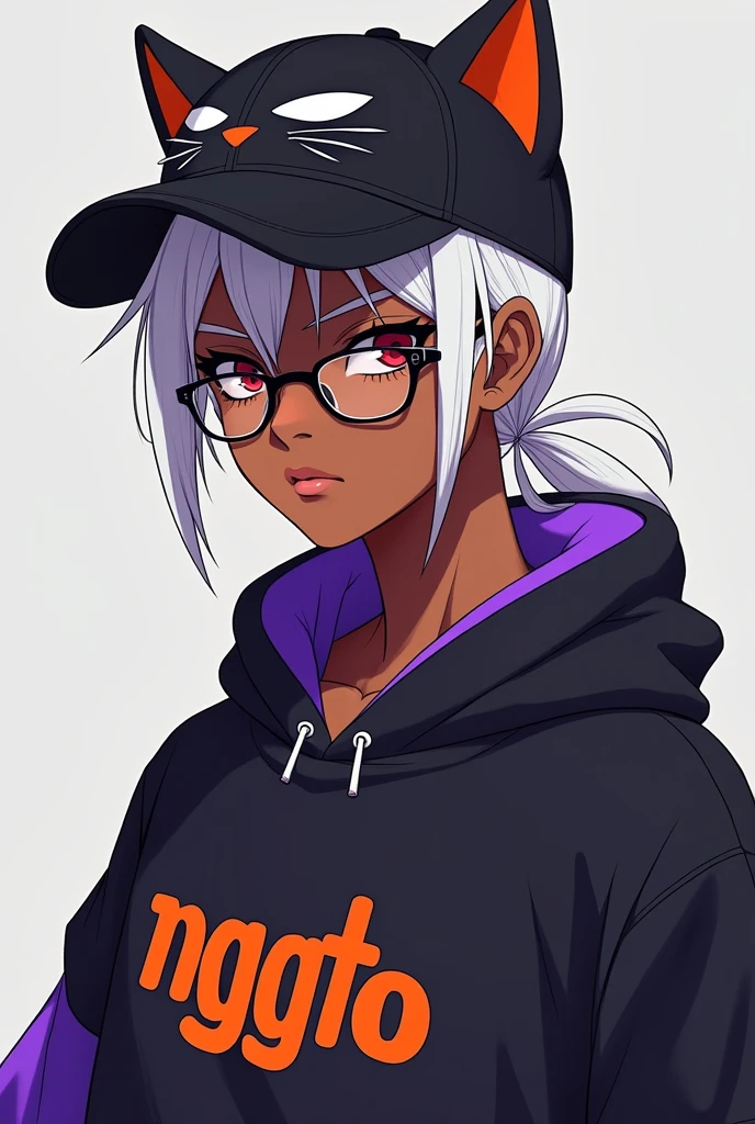 young man, Black skin tone, dark red eyes, wears prescription glasses, White hair, hair tied with ponytail, 2 strands of hair in the front, wears an all black cap with a cat face, wears a closed hood with two different colors, black on one side and purple on the other, with an orange name written: NGGTO