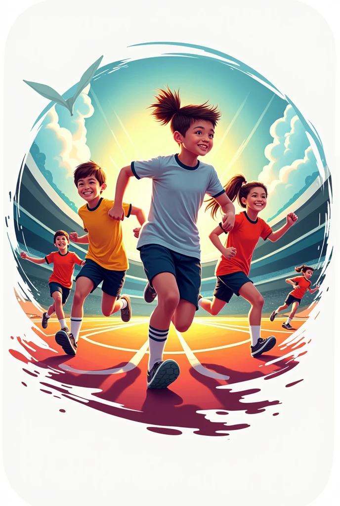 A vibrant logo depicting a group of students running and jumping, with a background showing a school stadium and elements such as balls and silhouettes of dancers, All in bright colors that transmit energy and dynamism.