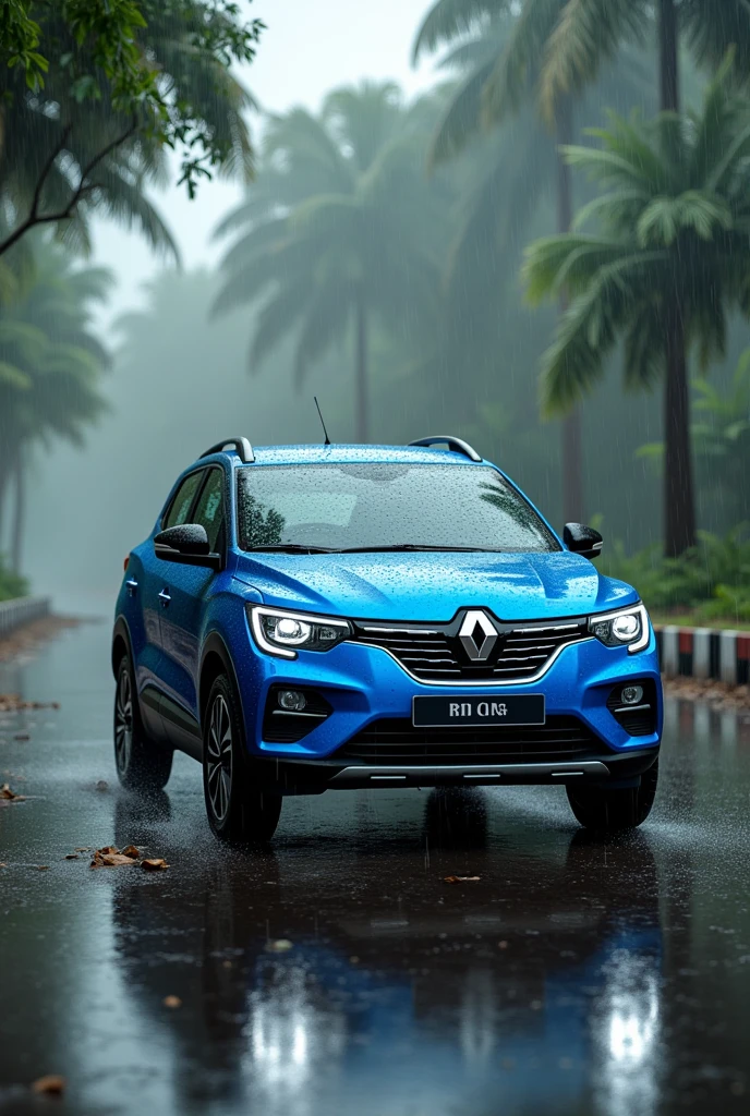 Renult kiger rxz Blue color car in rain daylight in indian modle