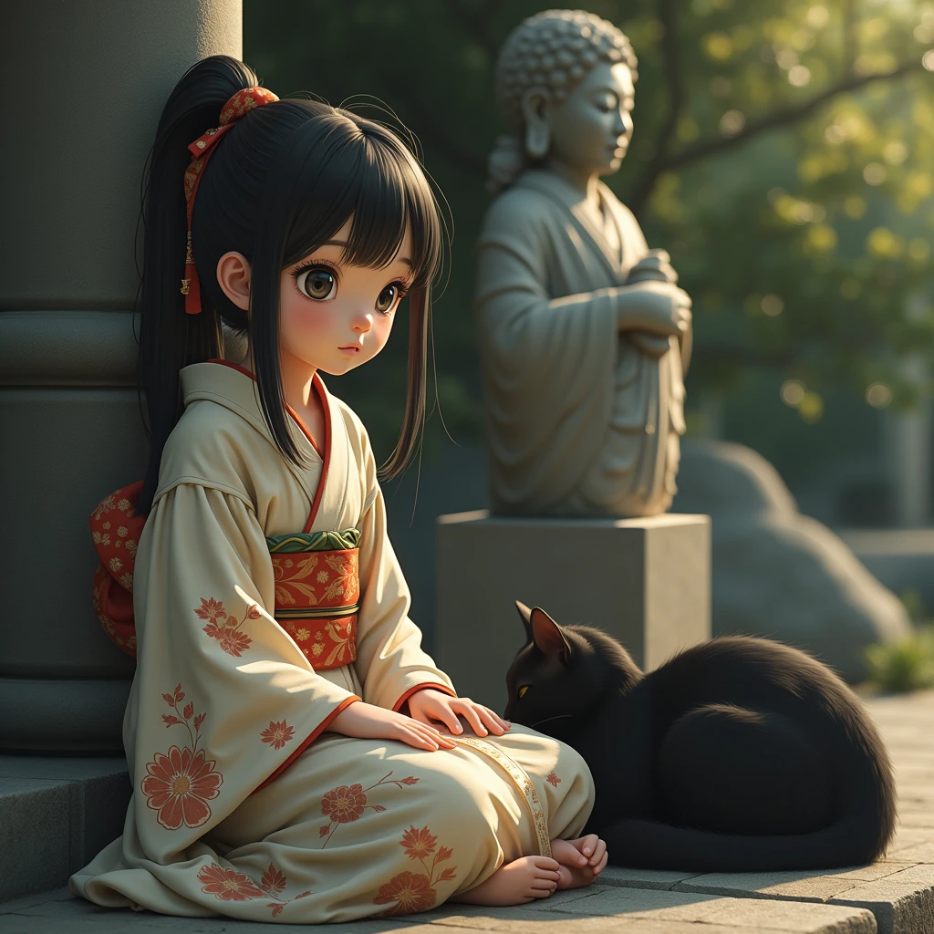 a detailed portrait of a young girl sitting next to an old stone Jizo statue, a black cat curled up nearby, serene peaceful atmosphere, beautiful detailed eyes, beautiful detailed lips, extremely detailed face and skin, long eyelashes, intricate folds in the girl's kimono, warm natural lighting, muted color palette, photorealistic, 8k, highly detailed, masterpiece