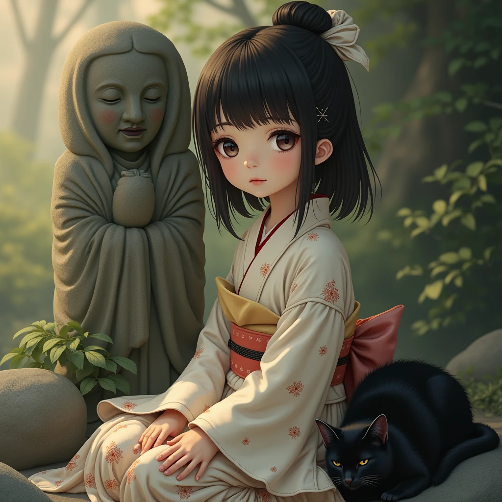 a detailed portrait of a young girl sitting next to an old stone Jizo statue, a black cat curled up nearby, serene peaceful atmosphere, beautiful detailed eyes, beautiful detailed lips, extremely detailed face and skin, long eyelashes, intricate folds in the girl's kimono, warm natural lighting, muted color palette, photorealistic, 8k, highly detailed, masterpiece