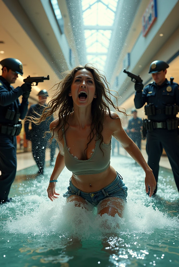 a woman, she is in a shopping mall fountain, she is thrashing around all crazy, she has a crazed look on her face, she is wearing tattered clothing, there are police pointing guns at her