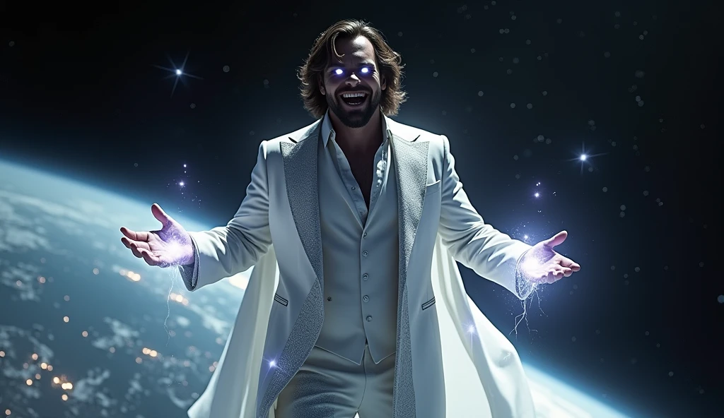 A cinematic medium shot of Henry Cavill with medium hair and beard as Pre-retcon Beyonder in the MCU. He is floating in black space with some stars far away and is facing towards to us while we can only see his side face where he gives a villainous laugh with a villainous facial expression. He has a non-muscular build and for his outfit The Beyonder wears tight white suit with a thunder neck cutting coat made of a white material that seems to shimmer and shift like the fabric of space itself. The robes are primarily deep white, with hints of starry constellations scattered across them. The edges of the robes glow faintly with a black or purple energy, as if the fabric is charged with cosmic power and around the Beyonder, several small, glowing orbs float in the air, constantly in motion These represent the Beyonder’s control over the fundamental forces of the universe and give a sense of their boundless power and the Beyonder's eyes glow with a piercing white light, and their entire form is surrounded by a faint, shimmering aura that pulses with energy. The aura occasionally crackles with energy, hinting at the raw power within.He wears no cape.Make Henry Cavill look more angry and psychotic and realistic.He is soaring over the earth since he is very large and having two planets in the palm of his hands.Robert Downey Jr as Doctor Doom is looking up to him as he is an entity and terrified looking at the Beyonder.
