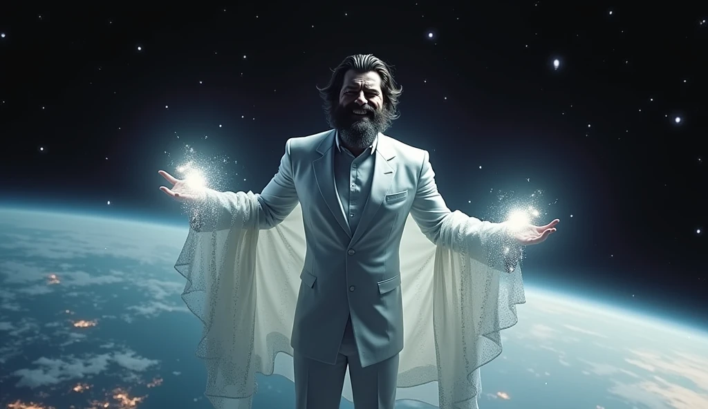 A cinematic medium shot of Henry Cavill with medium hair and beard as Pre-retcon Beyonder in the MCU. He is floating in black space with some stars far away and is facing towards to us while we can only see his side face where he gives a villainous laugh with a villainous facial expression. He has a non-muscular build and for his outfit The Beyonder wears tight white suit with a thunder neck cutting coat made of a white material that seems to shimmer and shift like the fabric of space itself. The robes are primarily deep white, with hints of starry constellations scattered across them. The edges of the robes glow faintly with a black or purple energy, as if the fabric is charged with cosmic power and around the Beyonder, several small, glowing orbs float in the air, constantly in motion These represent the Beyonder’s control over the fundamental forces of the universe and give a sense of their boundless power and the Beyonder's eyes glow with a piercing white light, and their entire form is surrounded by a faint, shimmering aura that pulses with energy. The aura occasionally crackles with energy, hinting at the raw power within.He wears no cape.Make Henry Cavill look more angry and psychotic and realistic.He is soaring over the earth since he is very large and having two planets in the palm of his hands.Robert Downey Jr as Doctor Doom is looking up to him as he is an entity and terrified looking at the Beyonder.