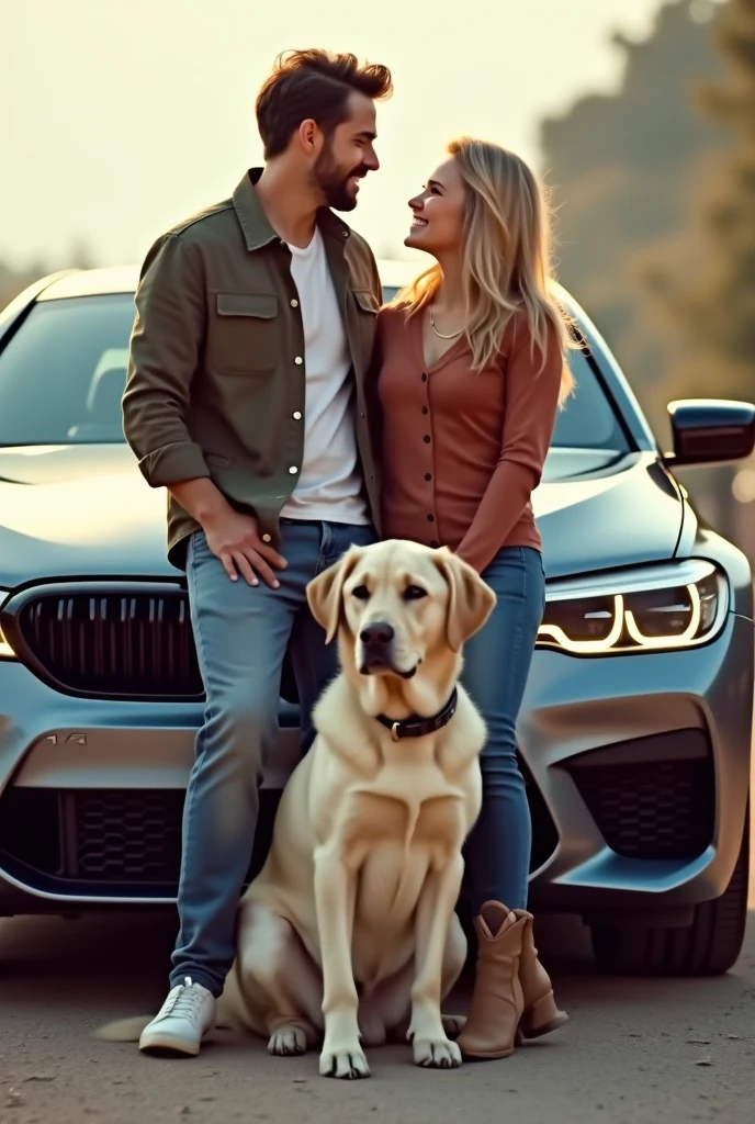 I and my lover and our Labrador retriever randomly posing in front of BMW M5 CS