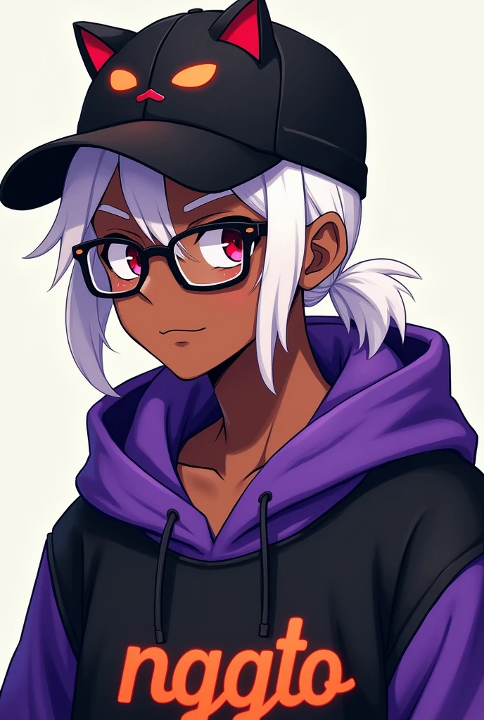 young man, Black skin tone, dark red eyes, wears prescription glasses, White hair, hair tied with ponytail, 2 strands of hair in the front, wears an all black cap with a cat face, wears a closed hood with two different colors, black on one side and purple on the other, with an orange name written: NGGTO