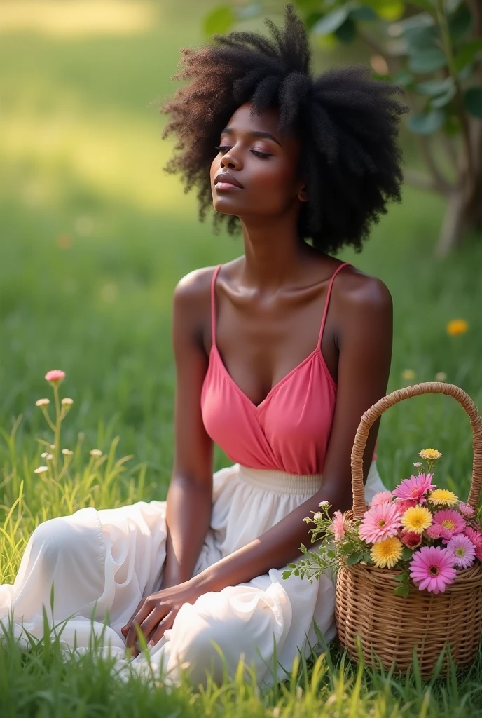 beautiful dark skin woman, wearing a pink top and white skirt, sitting peacefully on grass with a basket of pretty flowers next to her