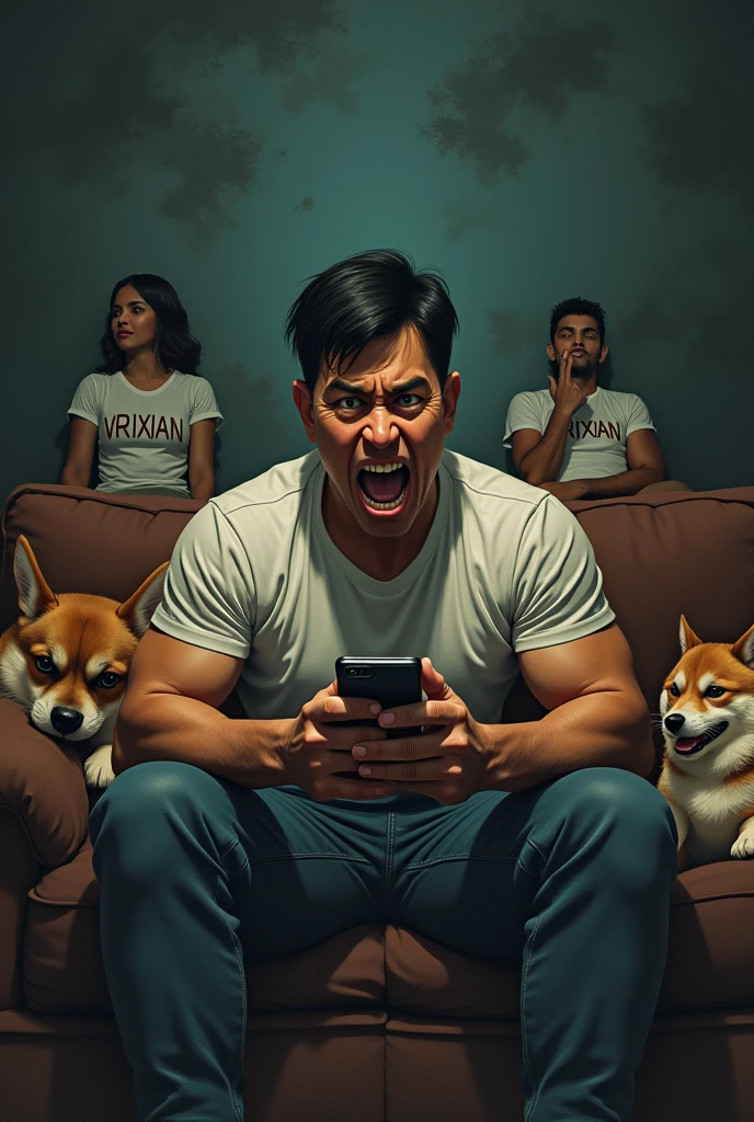 one Filipino muscle guy rounded big eyes, holding a phone and angry typing, sleepless and envy doen the couch hopeless, looked by one corgi dog and one shiba inu dog
on side, both flirty in couch hugging with couple shirt with text "Vrixian" , dark dirty, delusional sitting in a couch apart, one is lying down the couch,