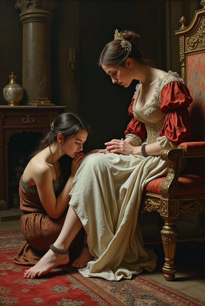 A female slave in the Middle Ages licks the feet of her mistress