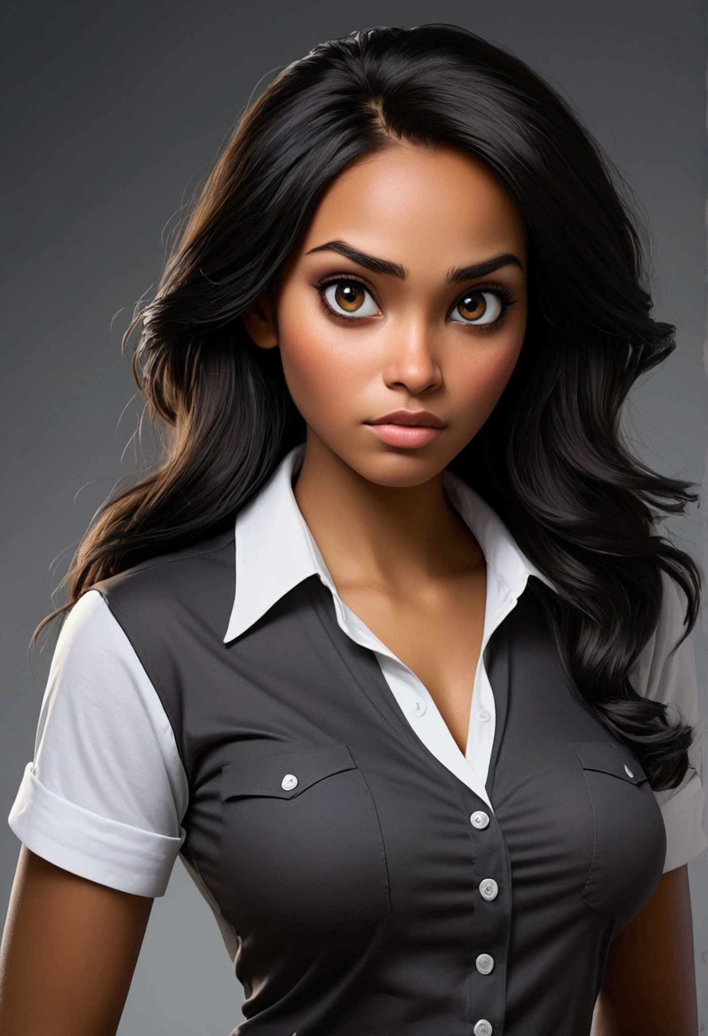 1.294 / 5.000 art, absurd, award-winning photo, extremely detailed, incredible, fine details, extremely detailed eyes and face, by lee jeffries nikon d850 stock photo 4 kodak portra 400 camera f1.6 lens rich colors, hyper realistic texture, dramatic lighting, unreal engine, artstation cinestill 800 tungsten trends, disney pixar style, woman, girl, 2, brazil, black, dark skin, white shirt with pocket, black collar and sleeves and tight, waist-up style, beautiful, thin face, dark hair, show more shirt, show more body, tight shirt, large breasts from medium to large, very beautiful woman, model style, only half body, gray gradient background