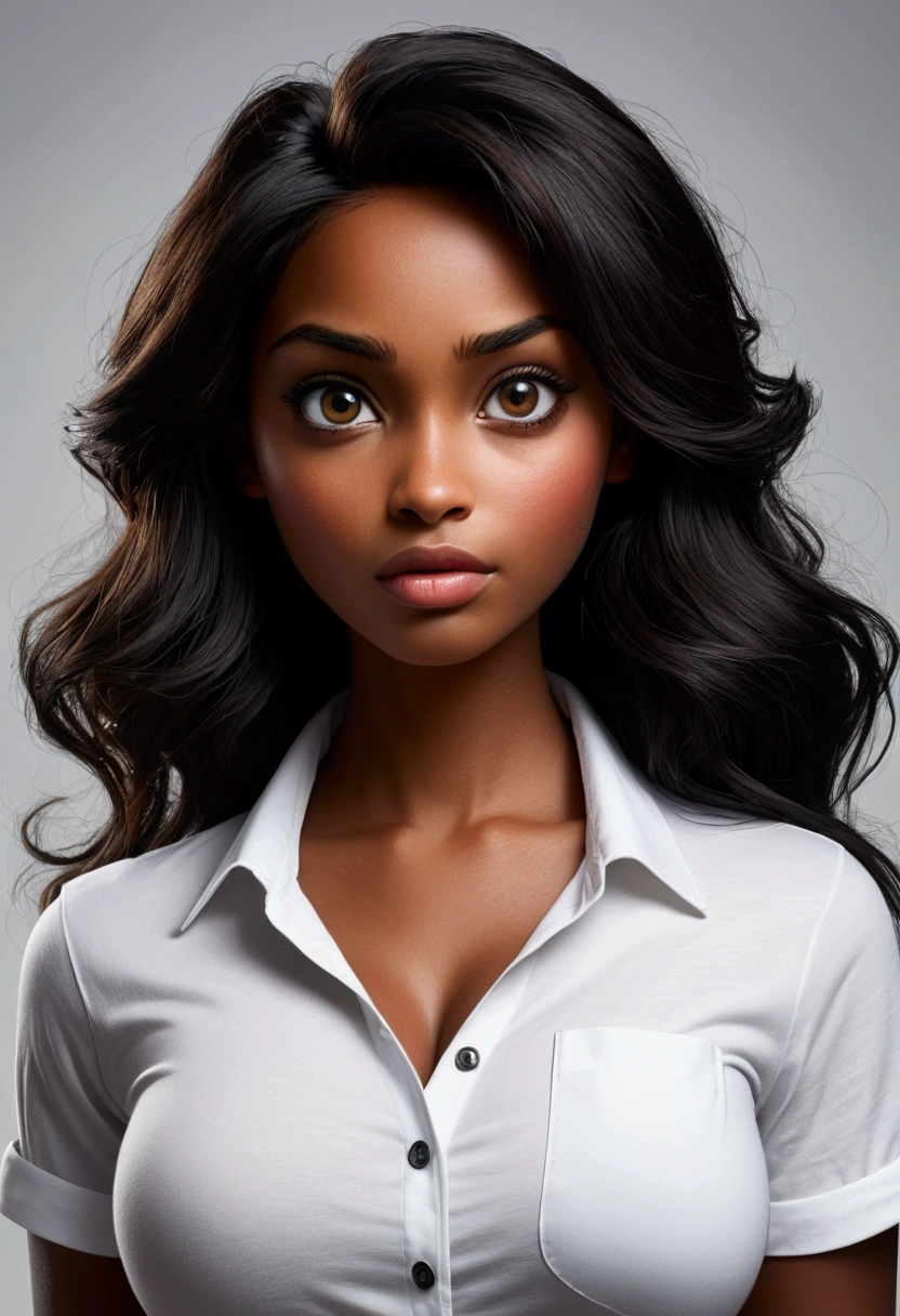 1.294 / 5.000 art, absurd, award-winning photo, extremely detailed, incredible, fine details, extremely detailed eyes and face, by lee jeffries nikon d850 stock photo 4 kodak portra 400 camera f1.6 lens rich colors, hyper realistic texture, dramatic lighting, unreal engine, artstation cinestill 800 tungsten trends, disney pixar style, woman, girl, 2, brazil, black, dark skin, white shirt with pocket, black collar and sleeves and tight, waist-up style, beautiful, thin face, dark hair, show more shirt, show more body, tight shirt, large breasts from medium to large, very beautiful woman, model style, only half body, gray gradient background