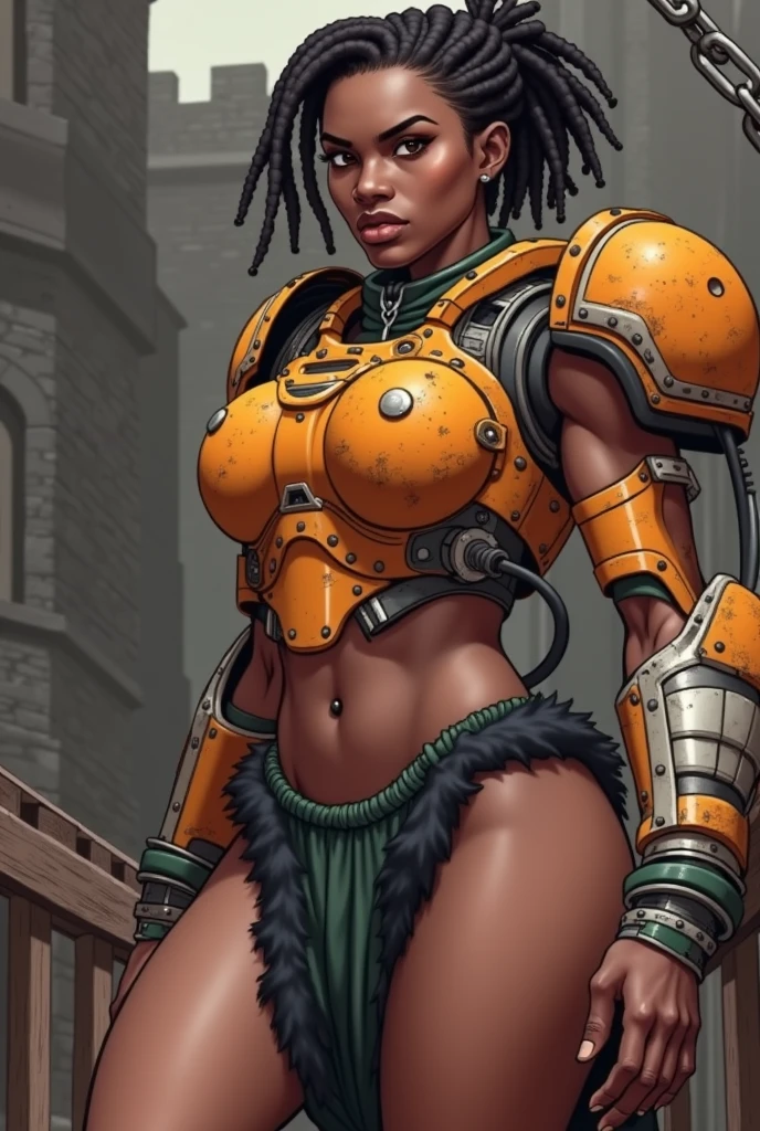 In a dramatic comicbook style, lightly detailed, cell shaded. (best quality,4k,8k,highres,masterpiece:1.2), ultra-detailed, (Numerous award-winning masterpieces, incredibly detailed and textured, maximal resolution and clarity), imagine a high tech barbarian combining futuristic heavy orange armored space suit with primitive (barbaric furs) and loin cloth, her outer armor is a bold orange while her under layers are a dark green. under the armor liner covers her upper body and arms under the armor. The power armor has chipped pain and scratches from many battles, it has rivets and a very heavy looking chest plate, there are hoses on the chest plate. visible wires pistons and gears connect the shoulder pads to the armored gloves. her lower body is unarmored, she has bare hips and bare thighs. She is a muscular black woman with her short hair pulled back in dreadlocks. Black fur lines the shoulder pads, she wears a (black fur loincloth:1.1). Show her walking across a drawbridge made of heavy wood, chains connect it to a castle wall behind her.