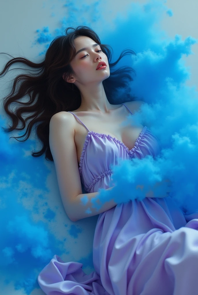 A woman in her 20s with dark brown mid length hair and laying on the floor ,wearing a lilac silky satin long dress with ruffles , she's covered in blue powder